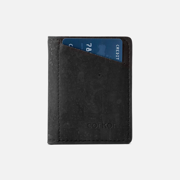 Front view of Corkor Vegan Cork Slim Wallet CK261 in black, featuring quick-access card slot and debossed logo.