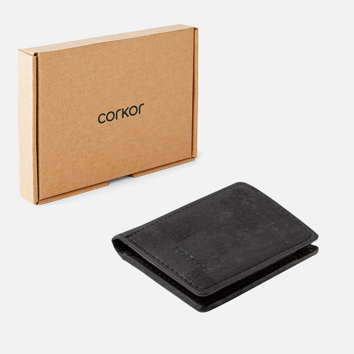 Corkor Vegan Cork Slim Wallet CK261 in black displayed with eco-friendly packaging box.