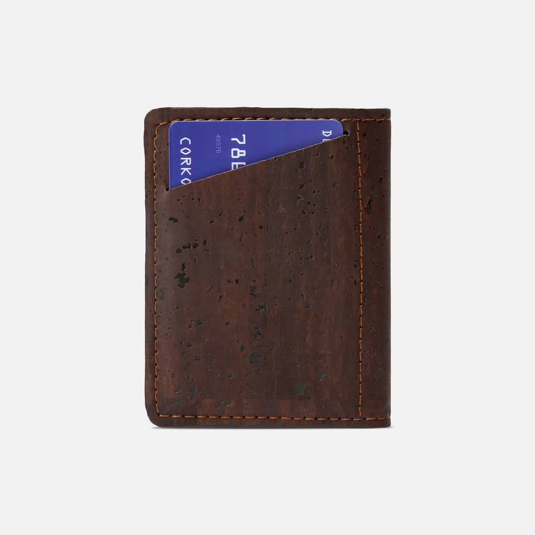 Back view of Corkor Vegan Cork Slim Wallet CK261 in dark brown with quick-access card slot and sustainable cork material.