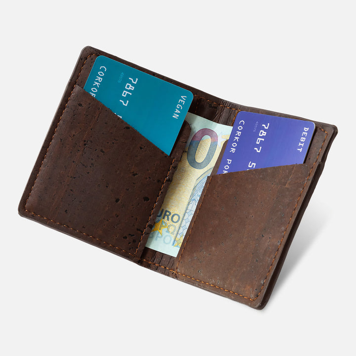 Open view of Corkor Vegan Cork Slim Wallet CK261 in dark brown, showing card slots and bill compartment.