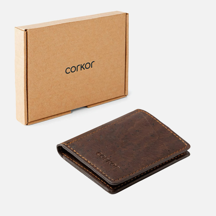 Corkor Vegan Cork Slim Wallet CK261 in dark brown displayed with eco-friendly packaging box.