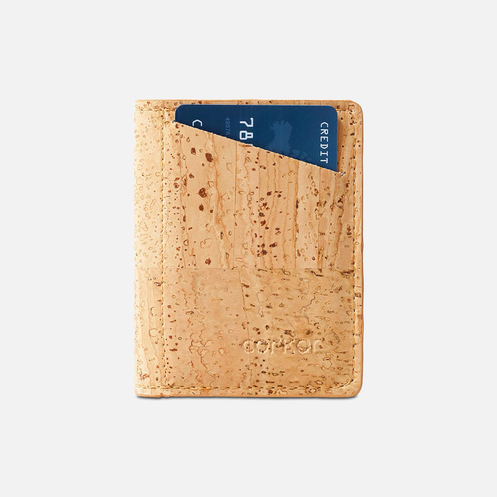 Front view of Corkor Vegan Cork Slim Wallet CK261 in light brown, featuring quick-access card slot and debossed logo.