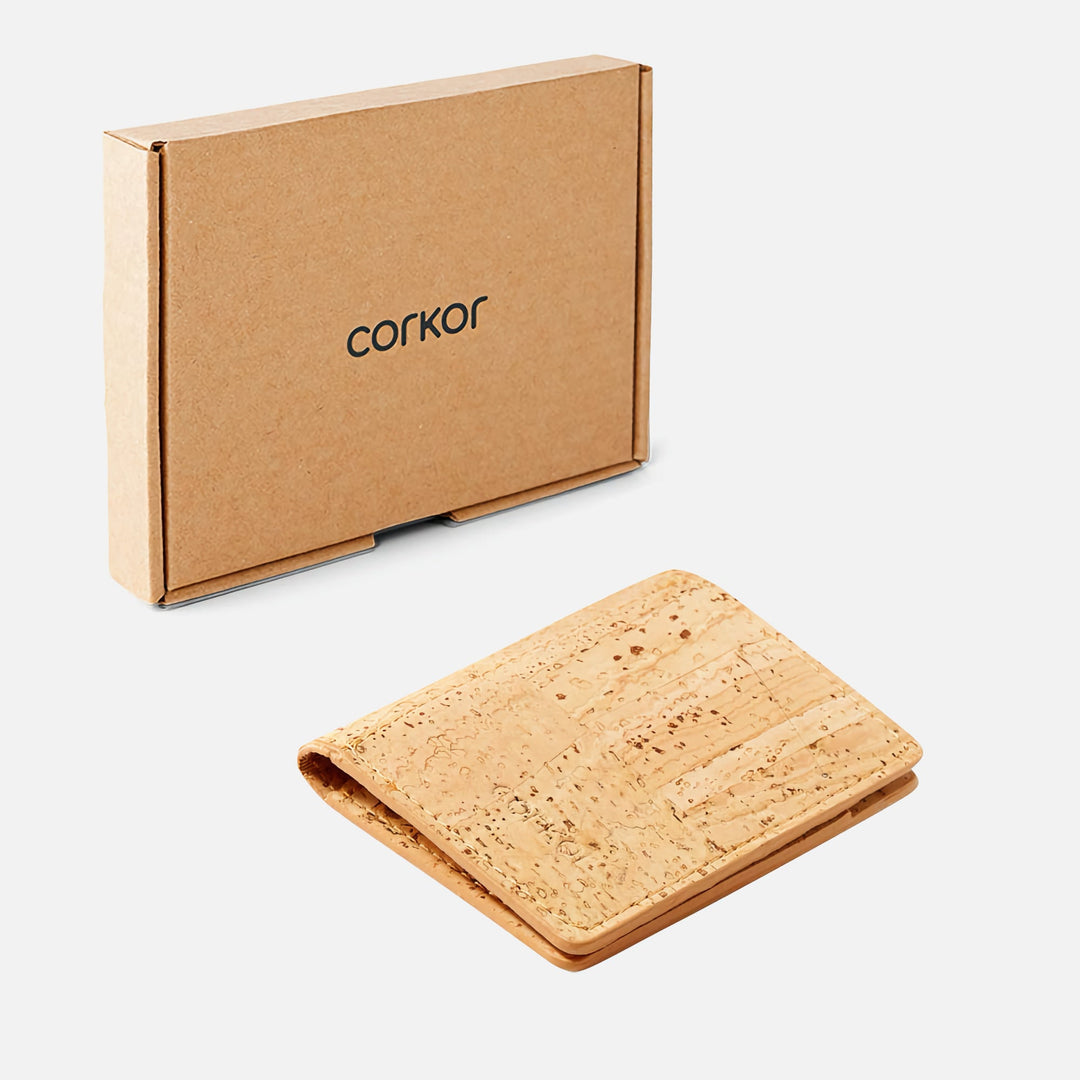 Corkor Vegan Cork Slim Wallet CK261 in light brown displayed with eco-friendly packaging box.