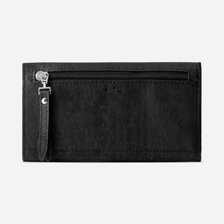 Corkor Vegan Cork Women's Slim Wallet back view featuring a zippered pocket for secure coin storage.