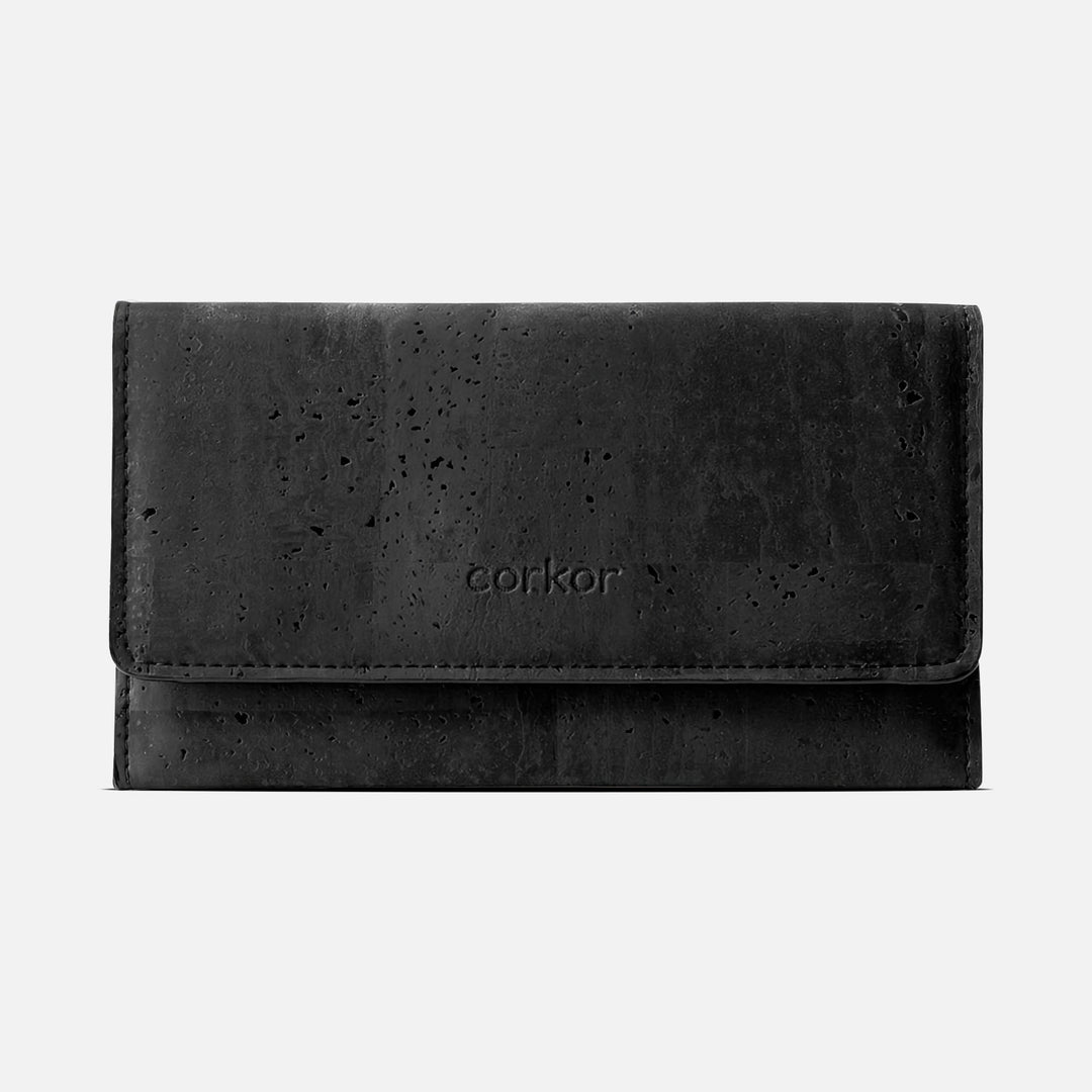 Corkor Vegan Cork Women's Slim Wallet in black, front view showcasing sleek design and sustainable cork material.