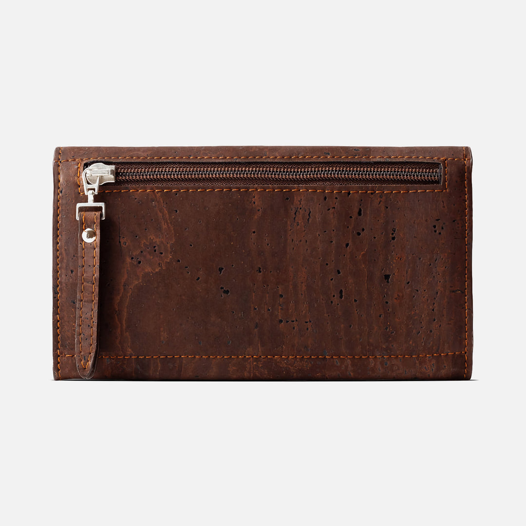 Corkor Vegan Cork Women's Slim Wallet back view featuring a zippered pocket for secure coin storage.