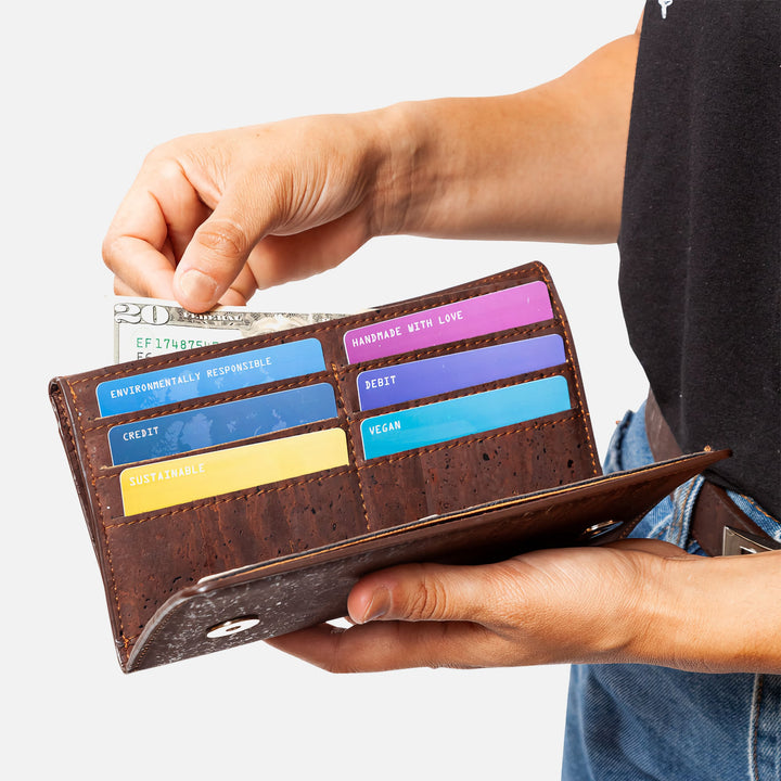 Corkor Vegan Cork Women's Slim Wallet showing organized card slots and cash compartment, highlighting functionality in use.