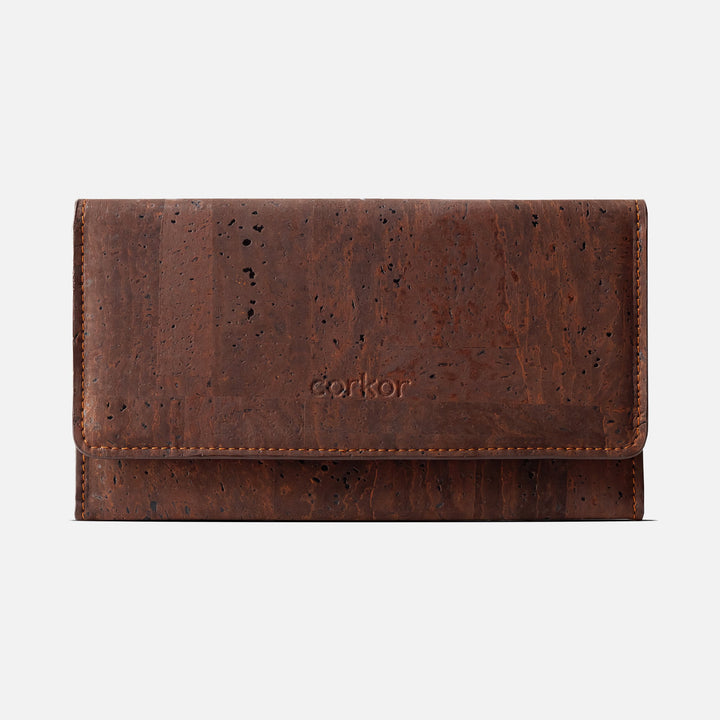 Corkor Vegan Cork Women's Slim Wallet in dark brown, front view showcasing sleek design and sustainable cork material.