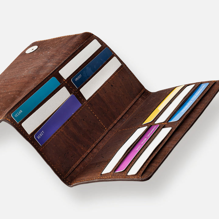 Corkor Vegan Cork Women's Slim Wallet interior showing card slots and compartments, designed for 24 cards and cash.