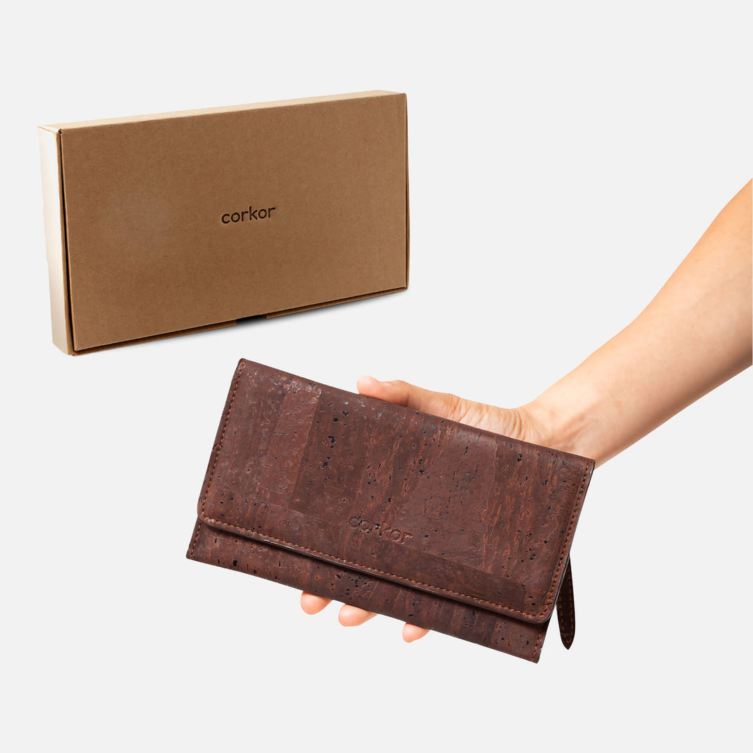 Corkor Vegan Cork Women's Slim Wallet in dark brown with eco-friendly packaging, highlighting sustainability and thoughtful design.