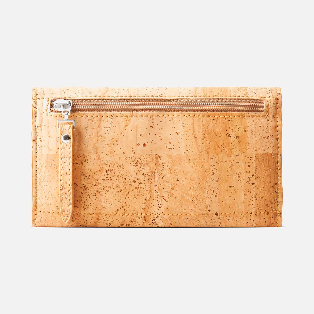 Corkor Vegan Cork Women's Slim Wallet back view featuring a zippered pocket for secure coin storage.