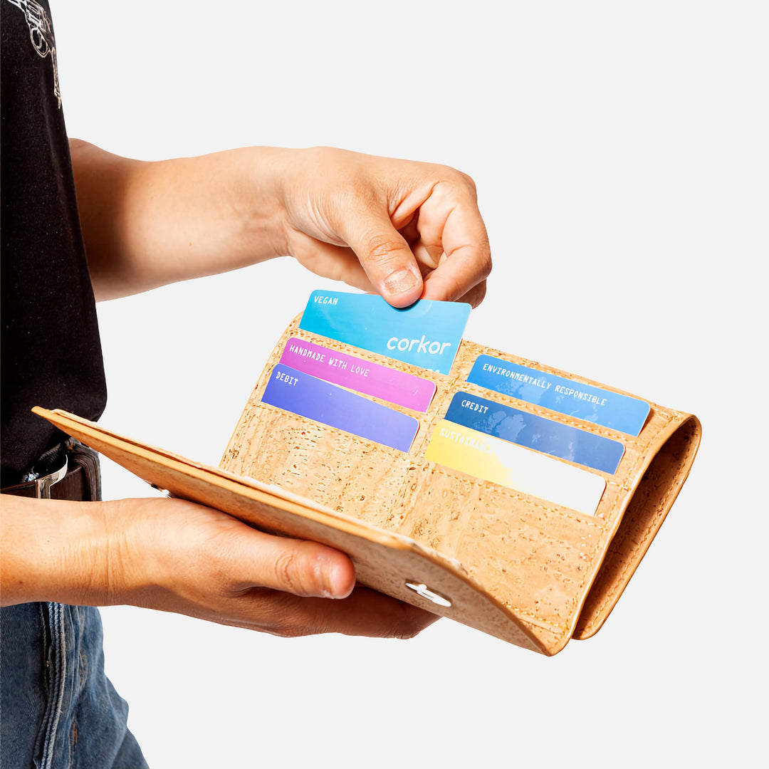 Corkor Vegan Cork Women's Slim Wallet in natural cork color, showcasing organized card slots and functional design.