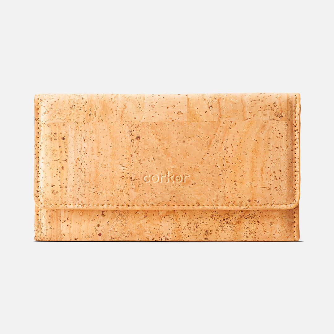 Corkor Vegan Cork Women's Slim Wallet in light brown, front view showcasing sleek design and sustainable cork material.