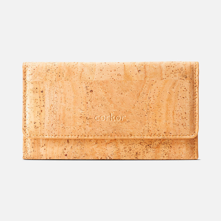 Corkor Vegan Cork Women's Slim Wallet in light brown, front view showcasing sleek design and sustainable cork material.