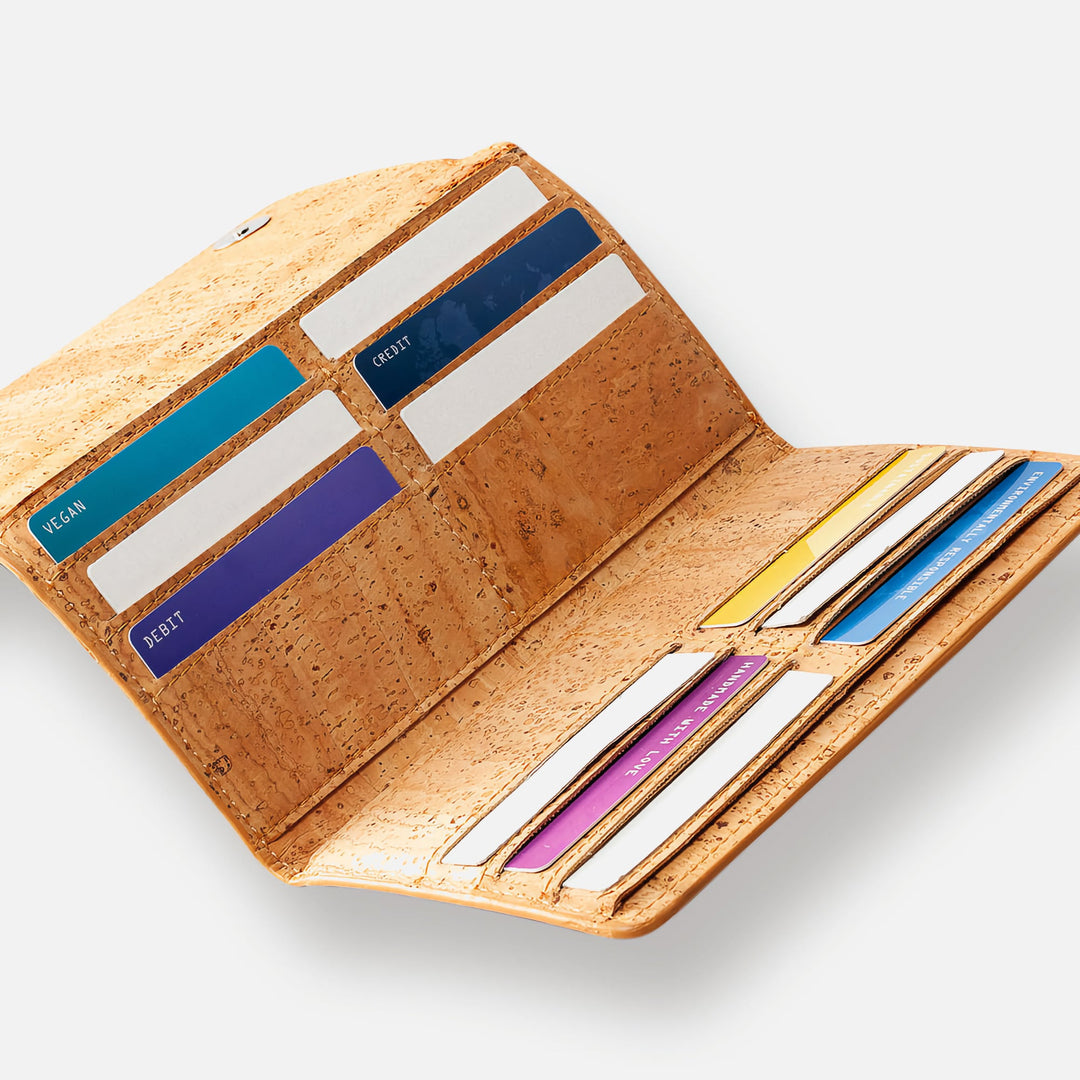 Corkor Vegan Cork Women's Slim Wallet interior showing card slots and compartments, designed for 24 cards and cash.