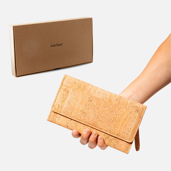 Corkor Vegan Cork Women's Slim Wallet in light brown with eco-friendly packaging, highlighting sustainability and thoughtful design.