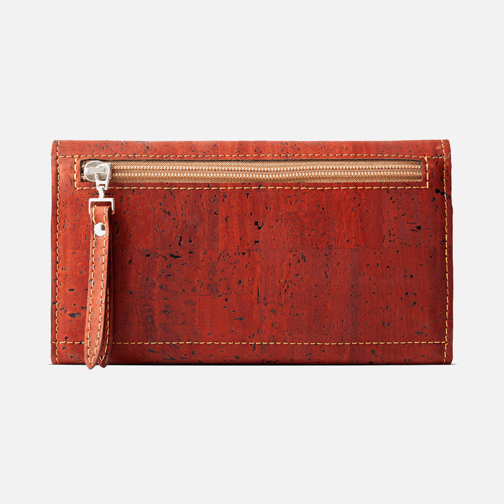 Corkor Vegan Cork Women's Slim Wallet back view featuring a zippered pocket for secure coin storage.