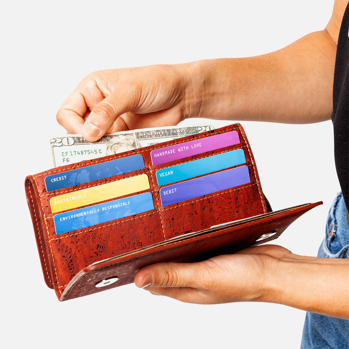 Corkor Vegan Cork Women's Slim Wallet in red cork color, showcasing card slots and cash compartment for organized storage.