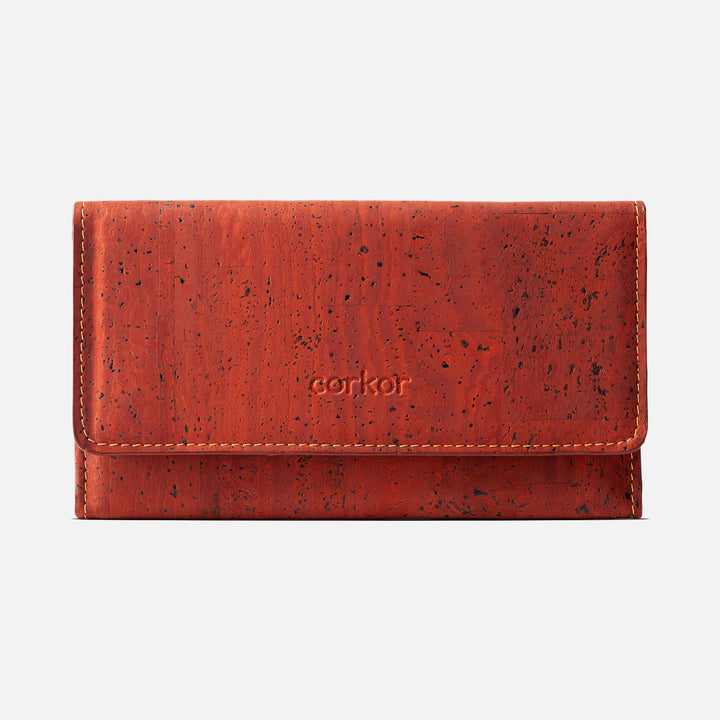 Corkor Vegan Cork Women's Slim Wallet in red, front view showcasing sleek design and sustainable cork material.