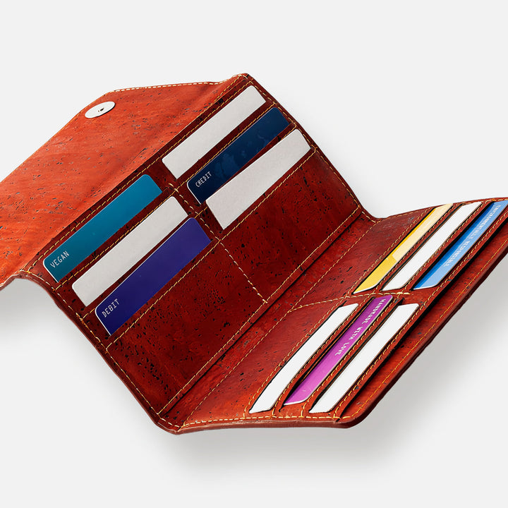 Corkor Vegan Cork Women's Slim Wallet interior showing card slots and compartments, designed for 24 cards and cash.