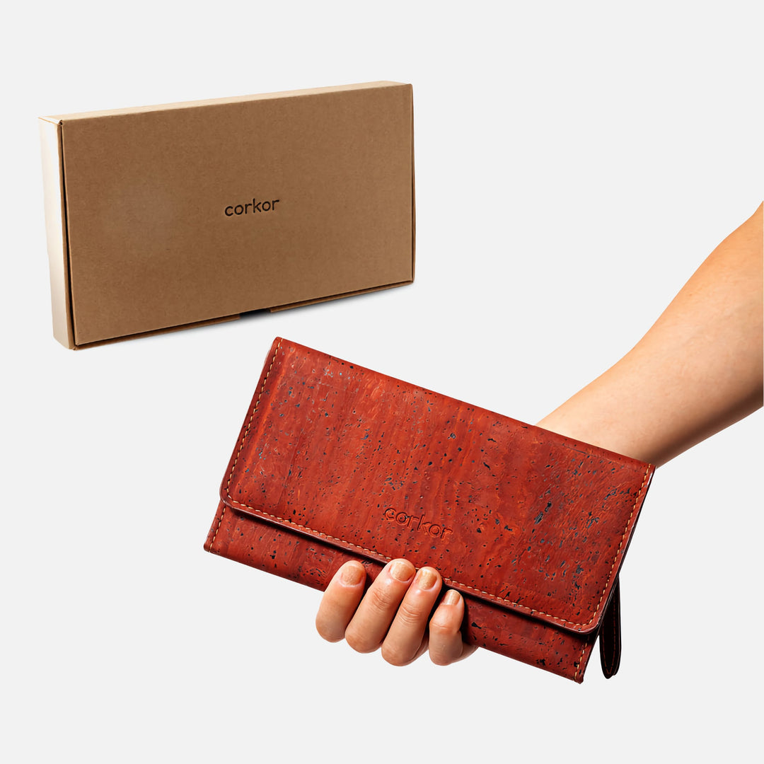 Corkor Vegan Cork Women's Slim Wallet in red with eco-friendly packaging, highlighting sustainability and thoughtful design.