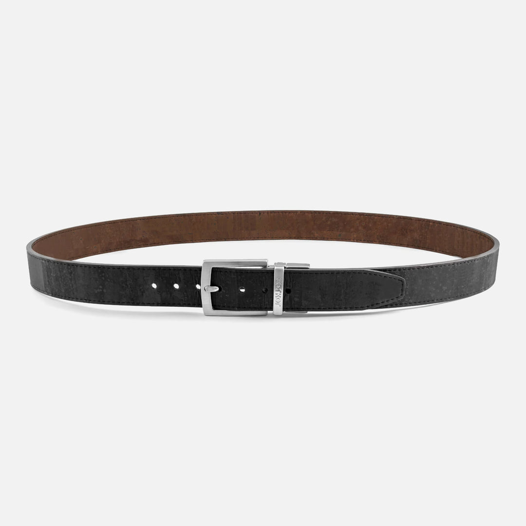 Corkor black belt with brown reverse side and silver buckle, displayed in a full-length product view