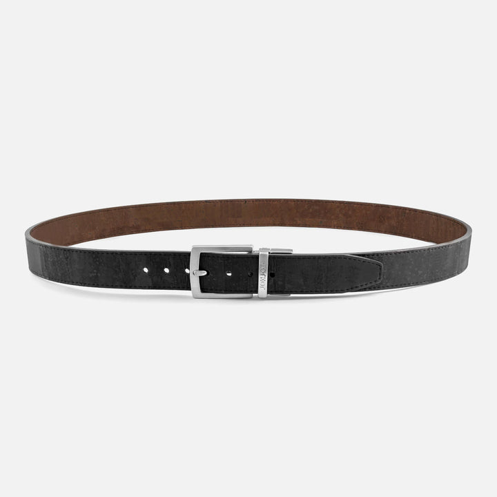 Corkor black belt with brown reverse side and silver buckle, displayed in a full-length product view