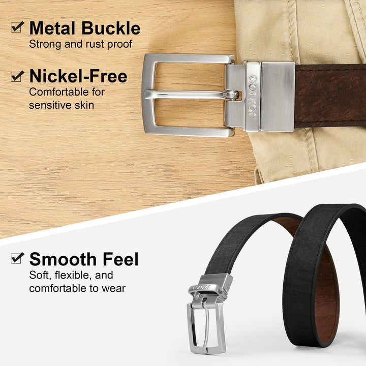 Corkor black and brown belt showing a silver metal buckle, nickel-free design and flexible strap