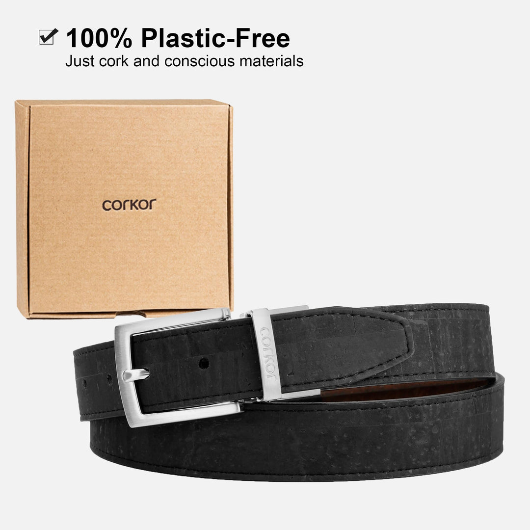 Corkor black belt with silver buckle and branded box, highlighting 100% plastic-free packaging