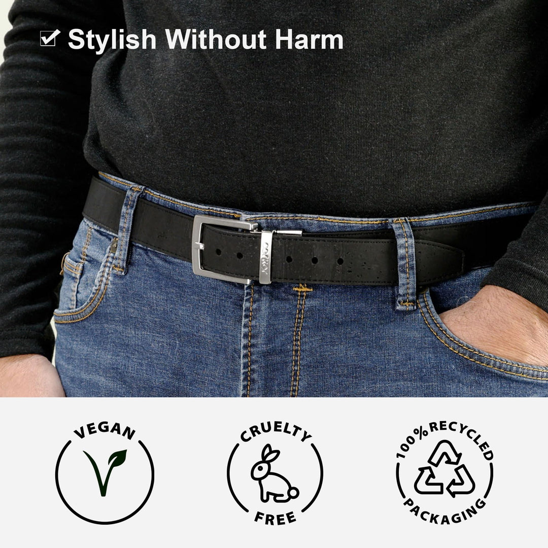 Corkor black belt with silver buckle worn with jeans, shown with vegan, cruelty-free and recycled packaging icons