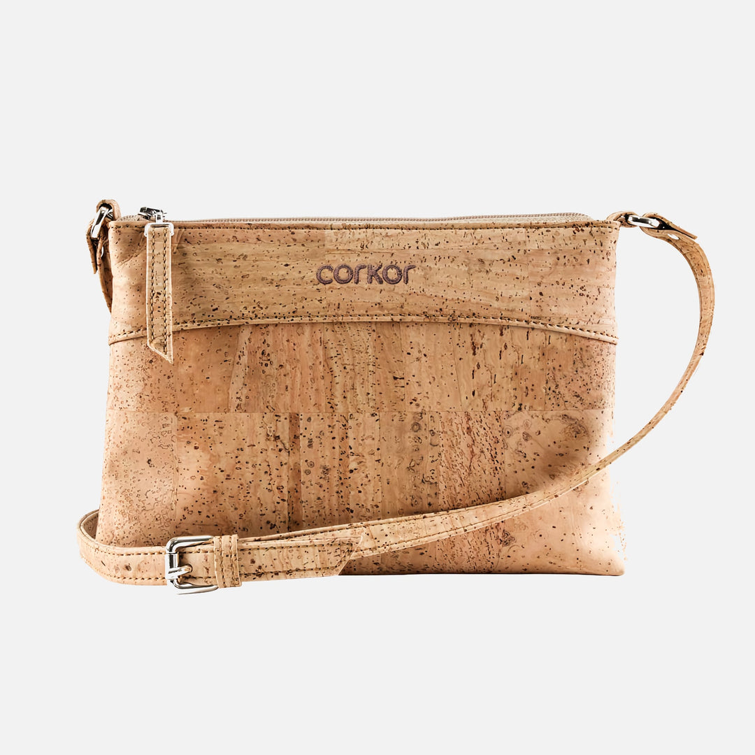 Corkor Vegan Cork Crossbody Bag in light brown with adjustable strap, front view