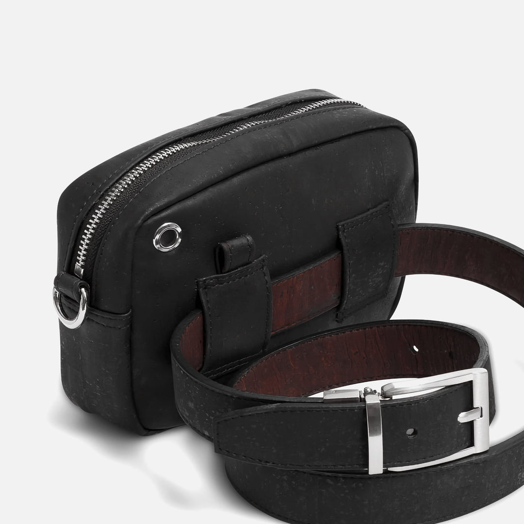 Corkor Vegan Cork Crossbody Pouch Horizontal in black cork leather showing back belt loops and earphone hole
