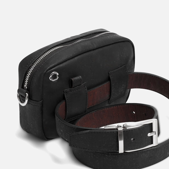 Corkor Vegan Cork Crossbody Pouch Horizontal in black cork leather showing back belt loops and earphone hole