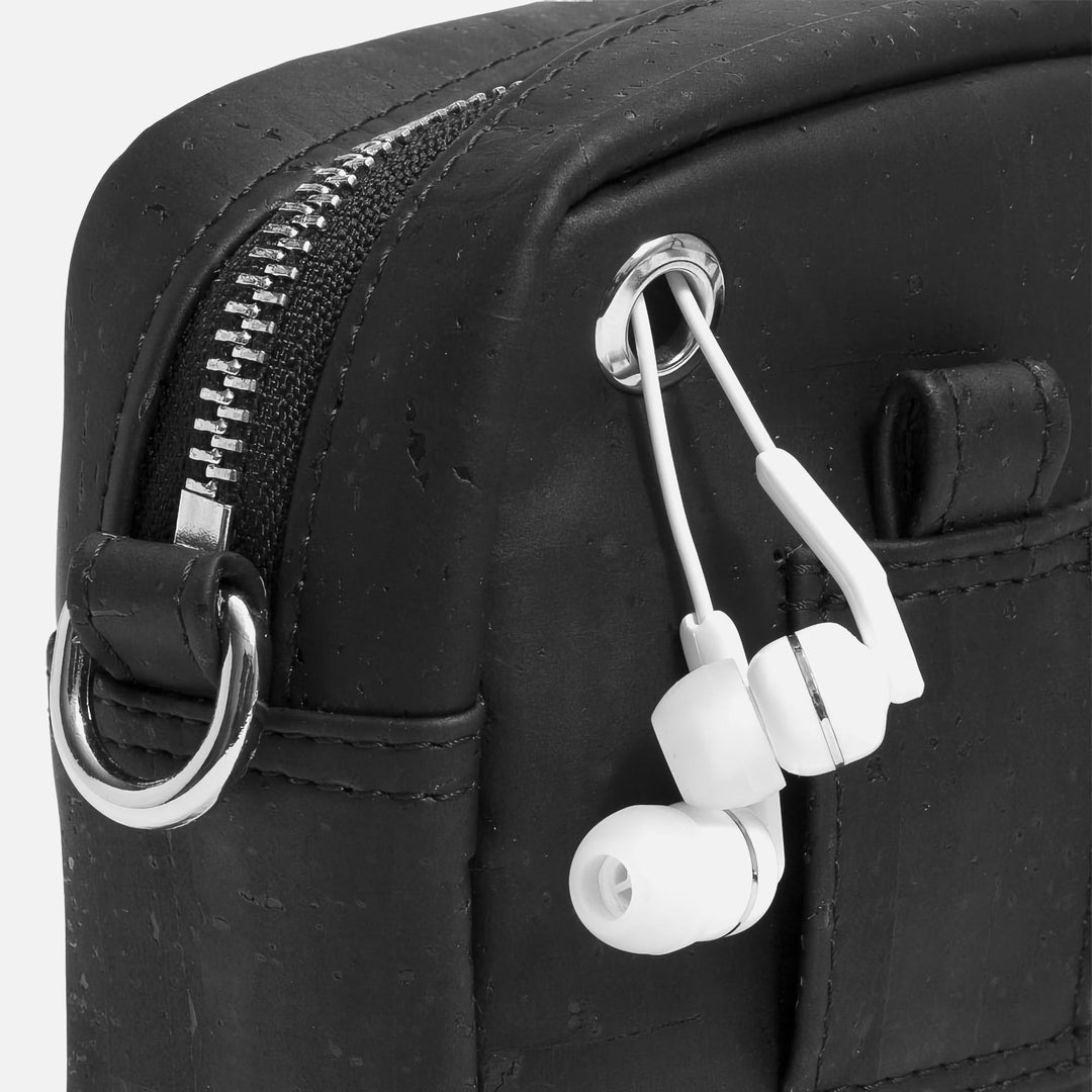Corkor Vegan Cork Crossbody Pouch Horizontal in black cork leather with earphone hole port and belt loop detail
