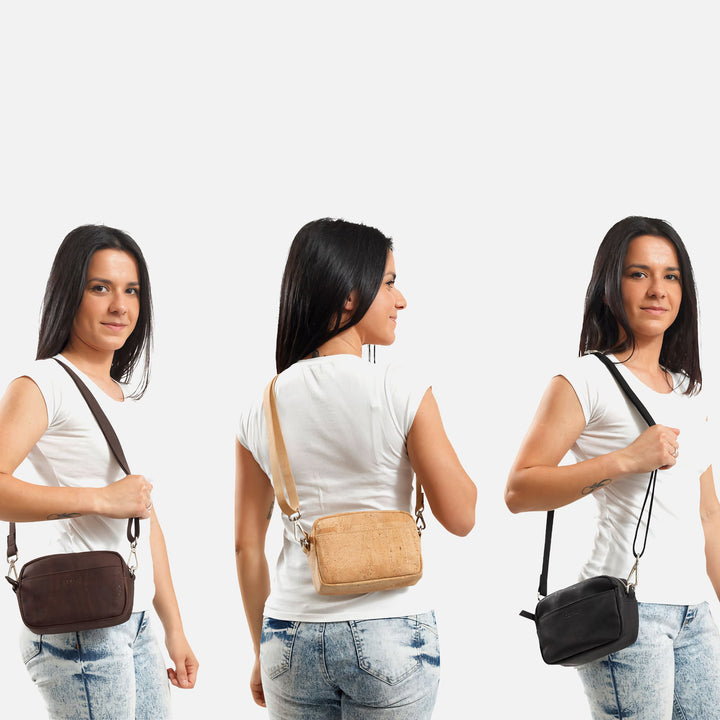Model wearing Corkor Vegan Cork Crossbody Pouch Horizontal showing crossbody carry style in multiple color variants