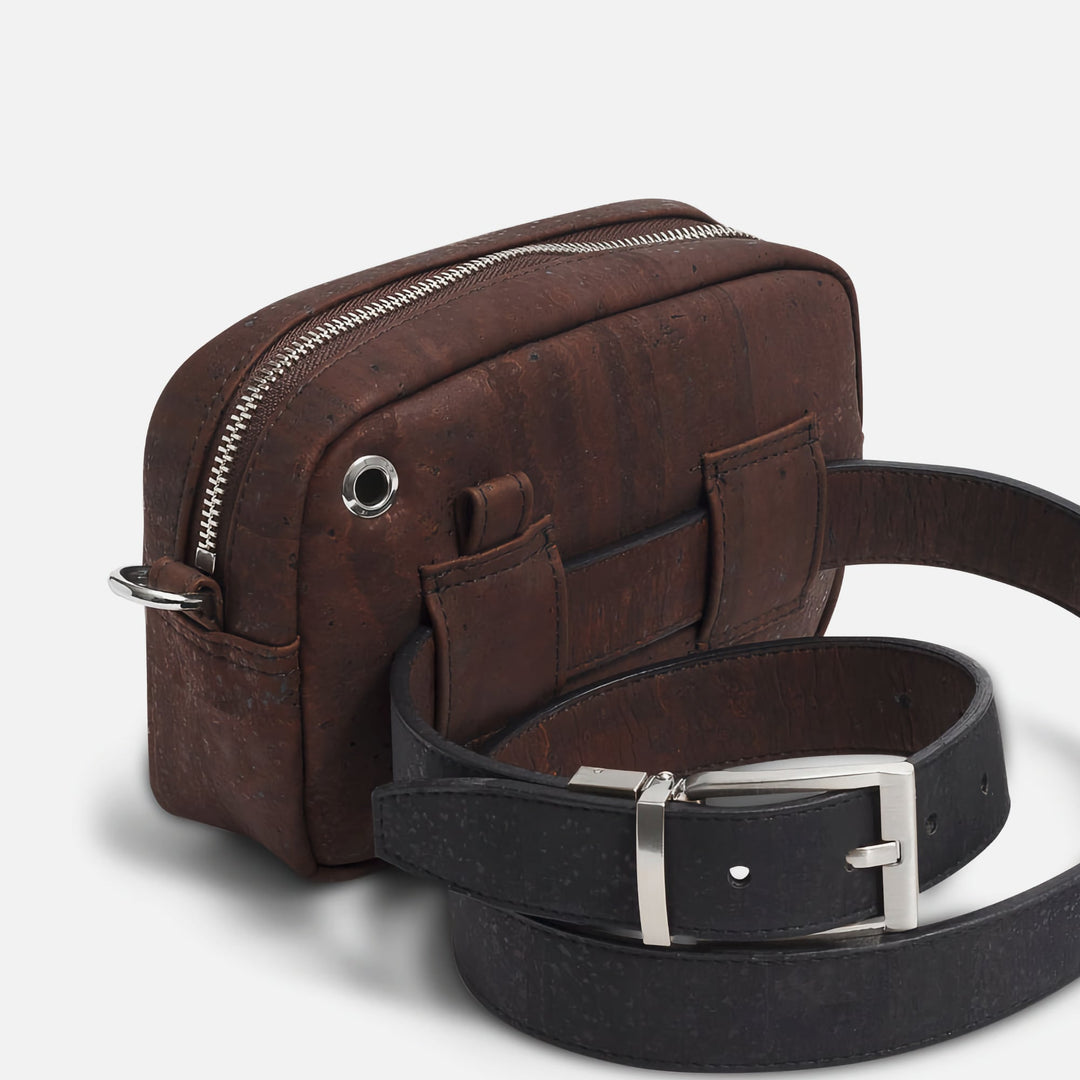Corkor Vegan Cork Crossbody Pouch Horizontal in dark brown cork leather showing back belt loops and earphone hole