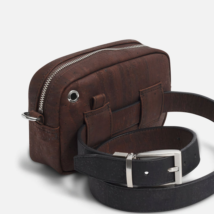 Corkor Vegan Cork Crossbody Pouch Horizontal in dark brown cork leather showing back belt loops and earphone hole