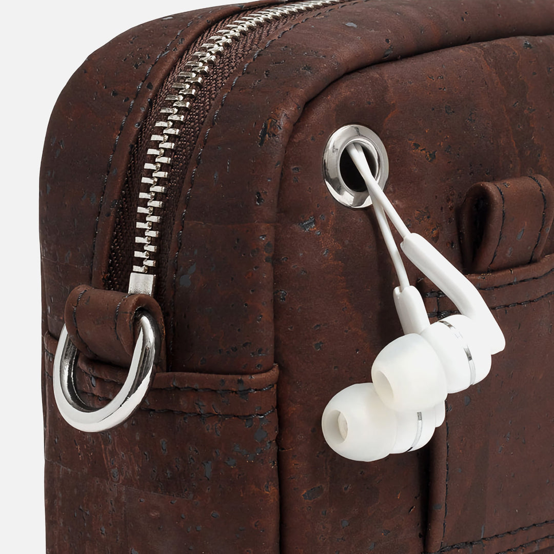 Corkor Vegan Cork Crossbody Pouch Horizontal in dark brown cork leather with earphone hole port and belt loop detail