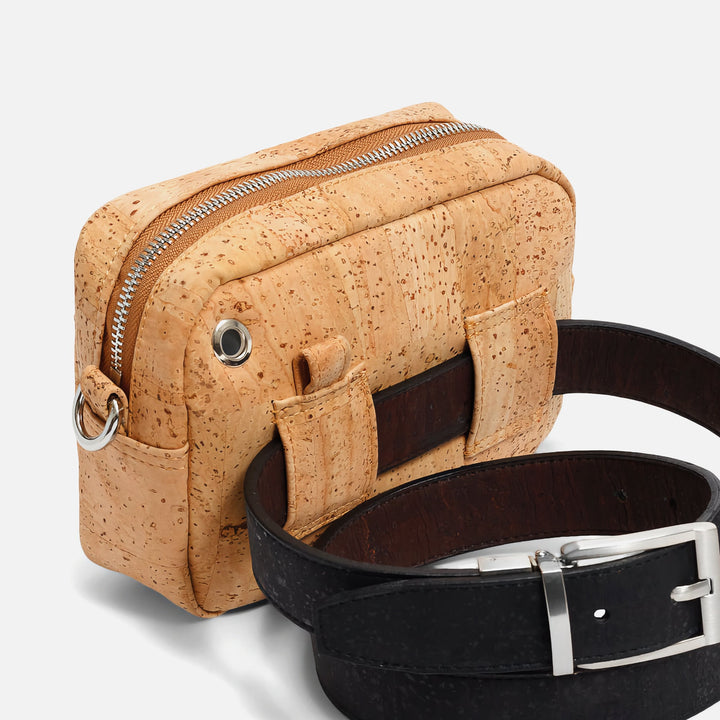 Corkor Vegan Cork Crossbody Pouch Horizontal in light brown cork leather showing back belt loops and earphone hole