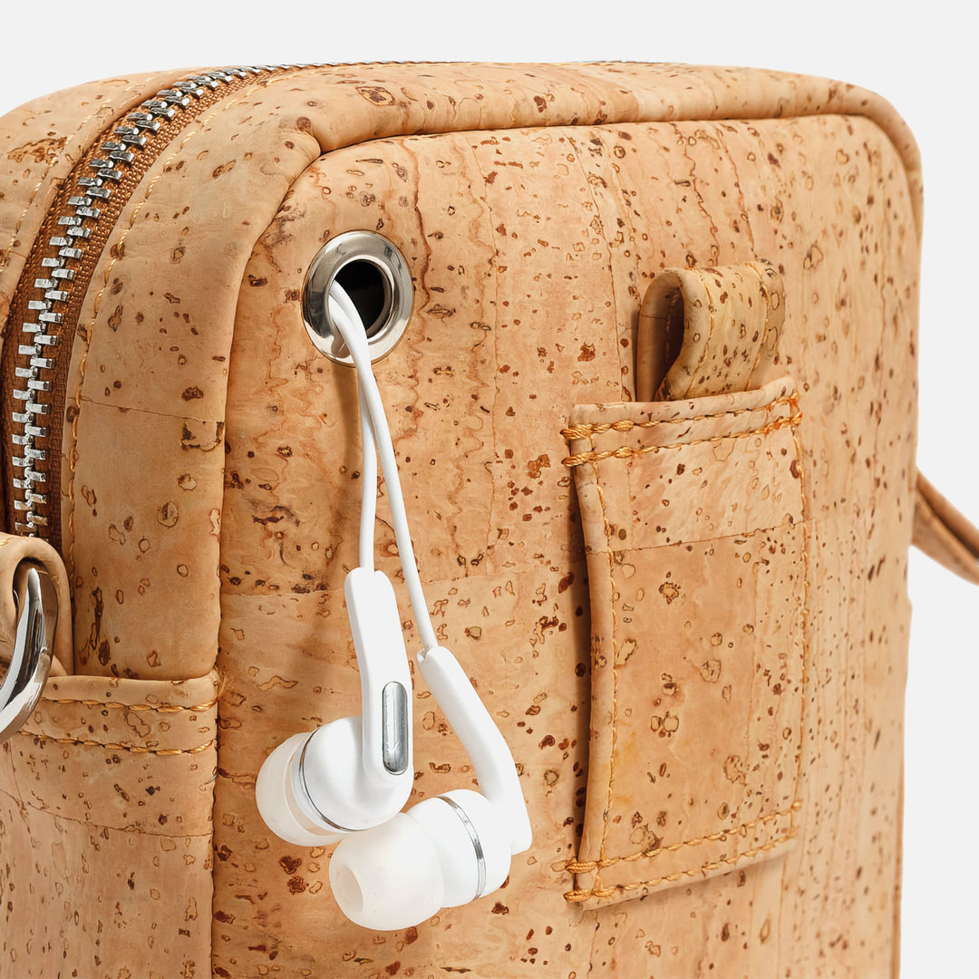 Corkor Vegan Cork Crossbody Pouch Horizontal in light brown cork leather with earphone hole port and belt loop detail