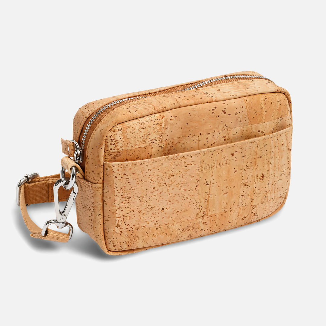 Corkor Vegan Cork Crossbody Pouch Horizontal in light brown cork leather with front pocket, zipper closure, and adjustable strap hardware