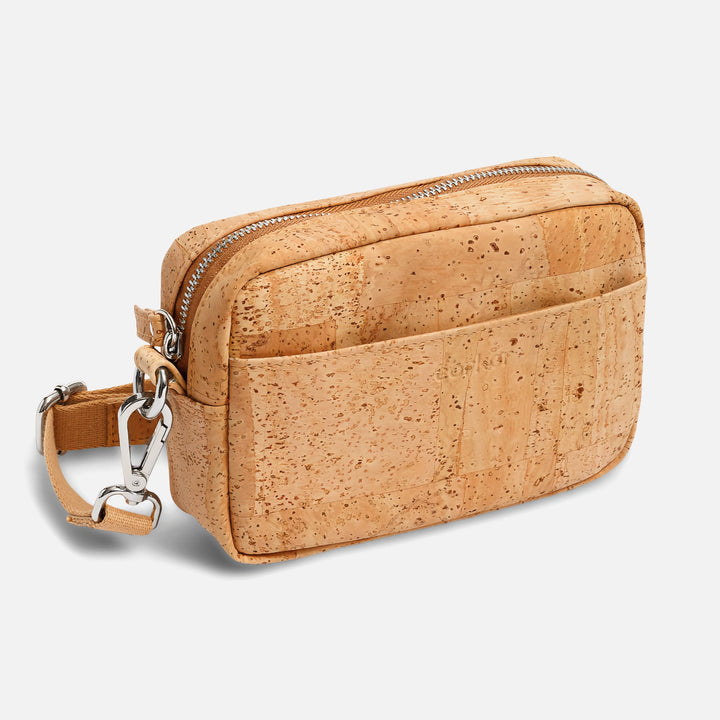 Corkor Vegan Cork Crossbody Pouch Horizontal in light brown cork leather with front pocket, zipper closure, and adjustable strap hardware