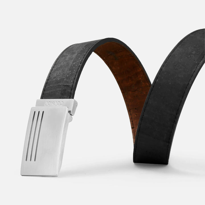Corkor vegan men's reversible cork belt in black and brown with silver plaque buckle, eco-friendly stylish angle view
