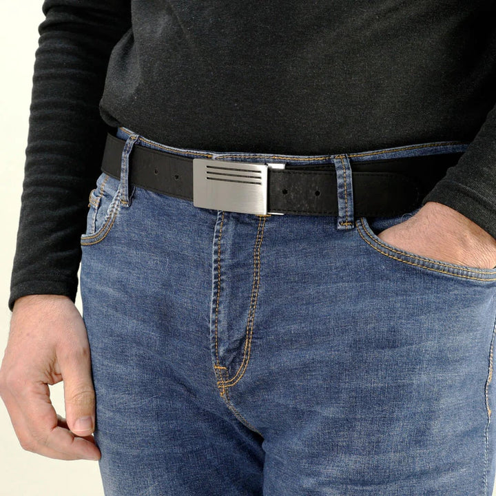 Corkor vegan men's reversible cork belt in black with silver plaque buckle, styled with jeans and casual outfit
