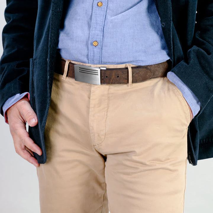 Corkor vegan men's reversible cork belt shown in brown with silver plaque buckle, styled with casual outfit