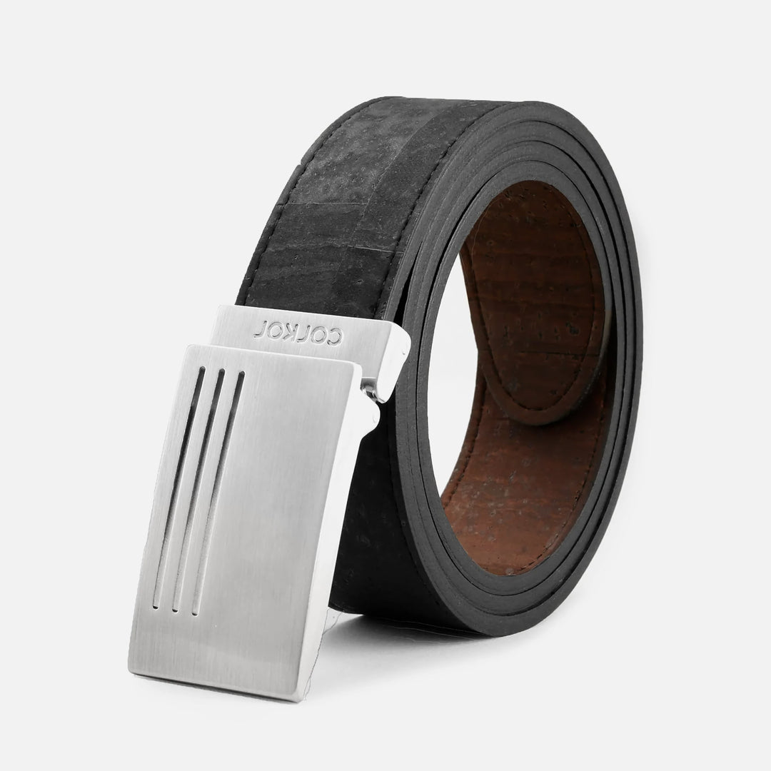 Corkor vegan men's reversible cork belt in black and brown with silver plaque buckle, eco-friendly and adjustable design