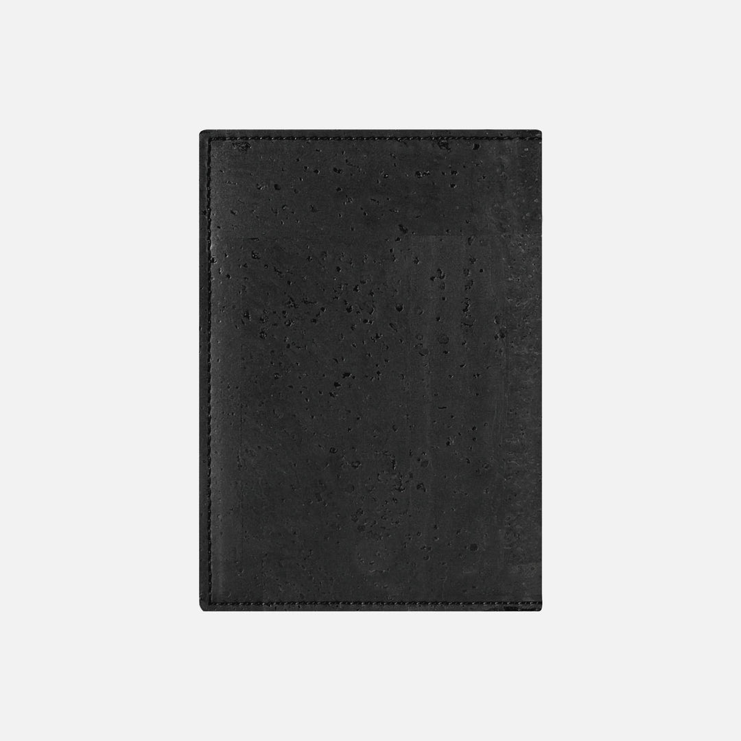 Corkor Vegan Cork Passport Wallet in black, back view highlighting smooth cork texture and fine stitching
