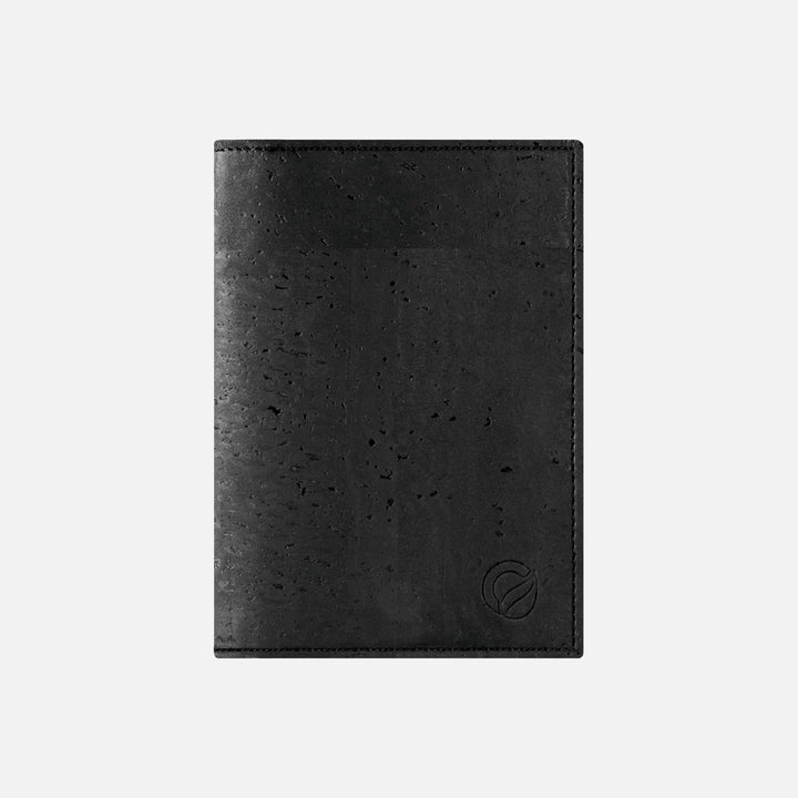 Corkor Vegan Cork Passport Wallet in black, front view showing natural cork texture and stitched edge design