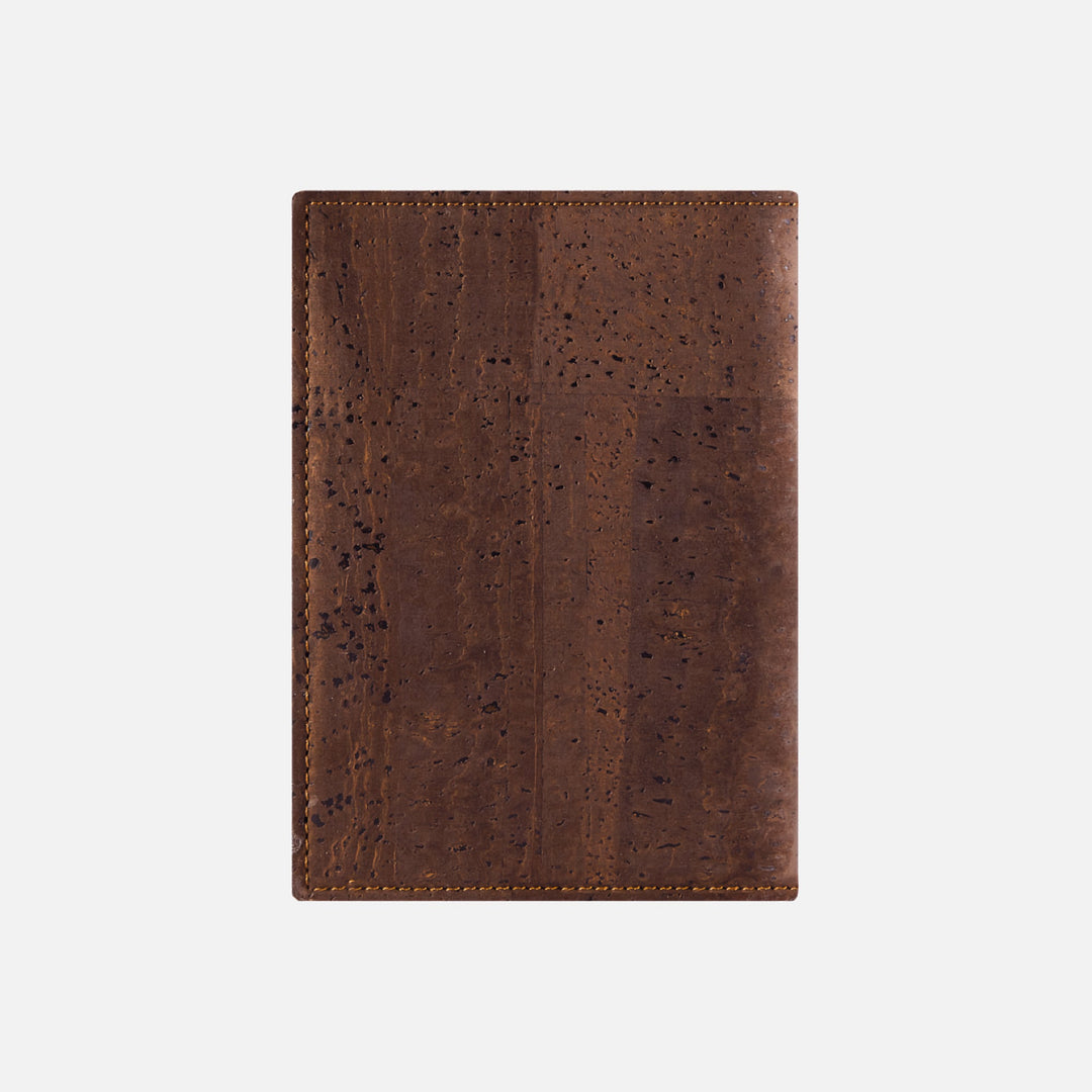 Corkor Vegan Cork Passport Wallet in Dark Brown, back view highlighting smooth cork texture and fine stitching