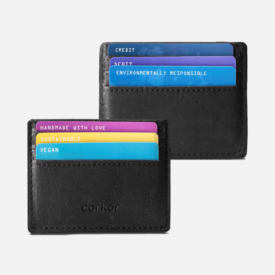 Black Corkor vegan cork cardholder showing front and back views with multiple colorful cards displayed in slots